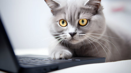 Cute gray cat at the computer. Online work concept. Freelancing.の写真素材