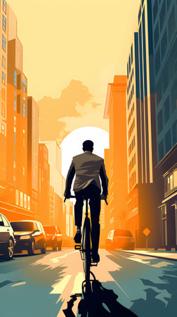 Silhouettes of a man on a bicycle in the rays of the setting sun. A businessman returns home from work. Typographic style.の素材