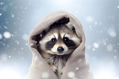 Cute funny raccoon in a blanket under the snow. Winter mood.の素材