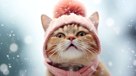 A funny red cat in a pink hat looks at the snow. Winter mood. Christmas card.の素材