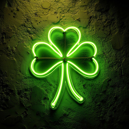 Clover shamrock made from glowing golden-green neon light ribbon on the wall. St. Patrick's Day Symbol.の素材