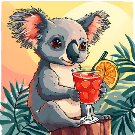 Cute funny koala with a cocktail at the resort. Summer holiday and travel concept. Cartoon style.の素材