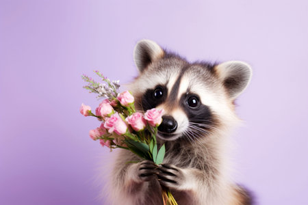 Raccoon holding a bouquet of pink roses on a lavender background. Greeting card.の素材