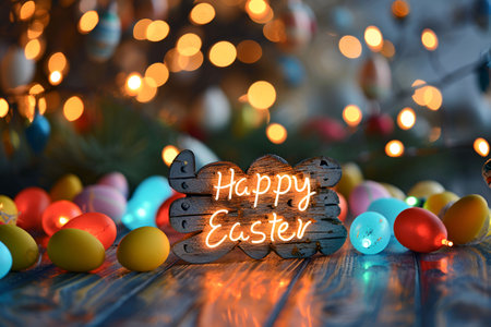 Colorful Easter eggs and a Happy Easter sign with warm lights. Postcard. Happy Easter.の素材