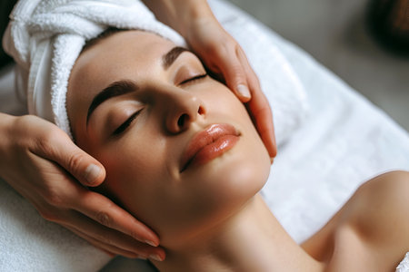Girl after cosmetic procedures and injections resting in a beauty salon. Facial care, lip augmentation.の素材