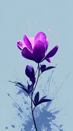 purple flower with dark leaves and bud, featuring a dynamic splatter effect in the backgroundの素材