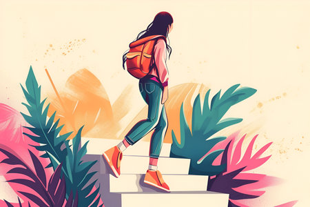Stylized illustration of a woman with a backpack walking up stairs among tropical plants.の素材