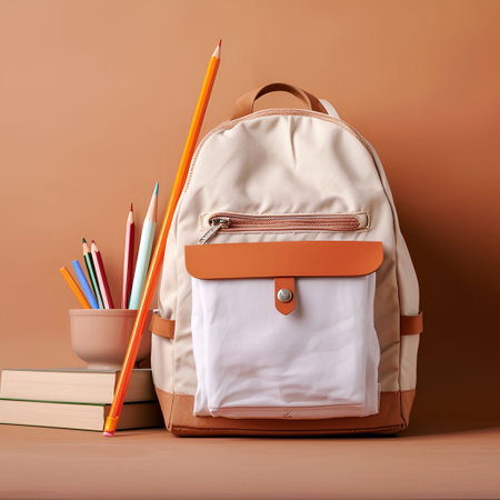 A modern beige backpack with brown leather inserts on a neutral background. Concept of preparation for study or travel.の素材