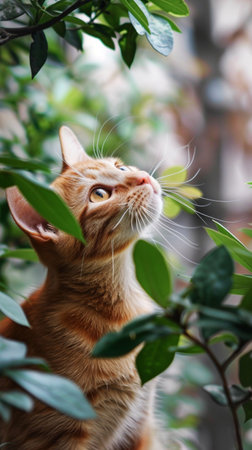 Calm domestic cat among the leaves in the garden.の素材