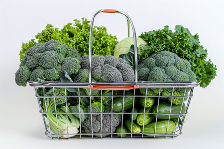 miniature shopping cart overflowing with fresh, vibrant broccoli heads alongside other mixed vegetables.の素材
