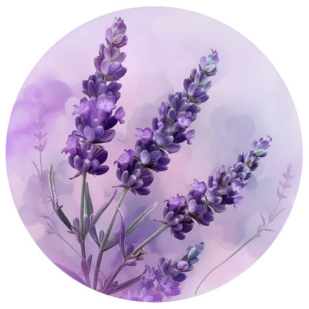 Delicate sprigs of lavender on a soft round purple background. Icon.の素材