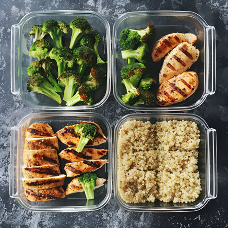 Lunch boxes of golden brown grilled chicken, fresh broccoli and tender quinoa. Nutritious and protein-rich diet.の素材
