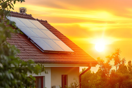 The calm background of the sunset illuminates the solar panels installed on the red-tiled roof of a modern house. The concept of renewable energy sources in residential areas.の素材