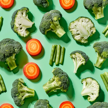 Top view of colorful vegetable pattern with broccoli, carrots and green beans. Clean food and a vegetarian lifestyle.の素材