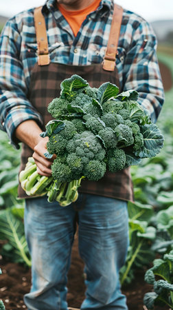 Green fresh broccoli in farmer's hands. Growing vegetables.の素材