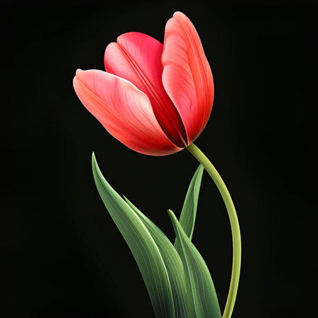 Beautiful tulip flower with green leaves on a dark background.の素材