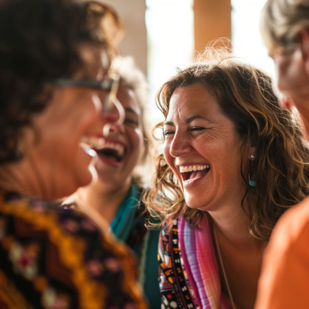 A vibrant scene of a laughter therapy session with a group of people smiling and laughing together in a circle, highlighting the healing power of joyの素材