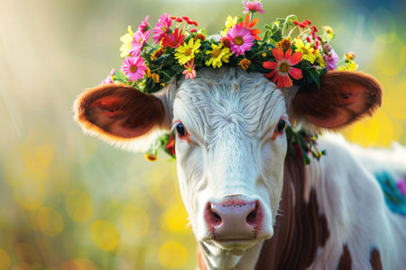 White cute cow with a wreath of flowersの素材