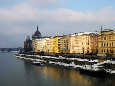 Hungary - January 2008: Budapest city center. Historic buildings line the water.の写真素材