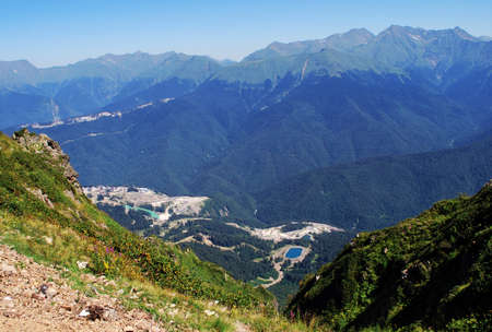 At the upper station of the cable car. Caucasus Mountains, Krasnaya Polyana, Russia.の写真素材