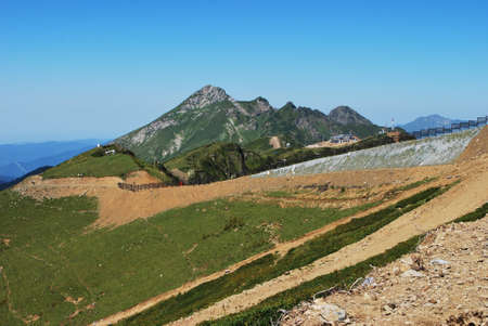 At the upper station of the cable car. Caucasus Mountains, Krasnaya Polyana, Russia.の写真素材