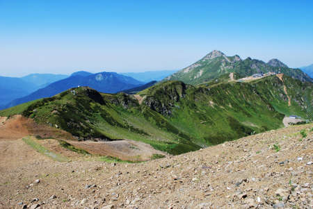 At the upper station of the cable car. Caucasus Mountains, Krasnaya Polyana, Russia.の写真素材