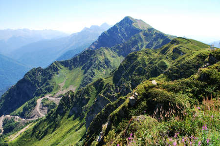 At the upper station of the cable car. Caucasus Mountains, Krasnaya Polyana, Russia.の写真素材