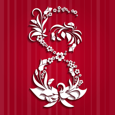 Abstract floral greeting card with 8 March. Trendy paper cut design template. Vector illustration. Eps 10.のイラスト素材