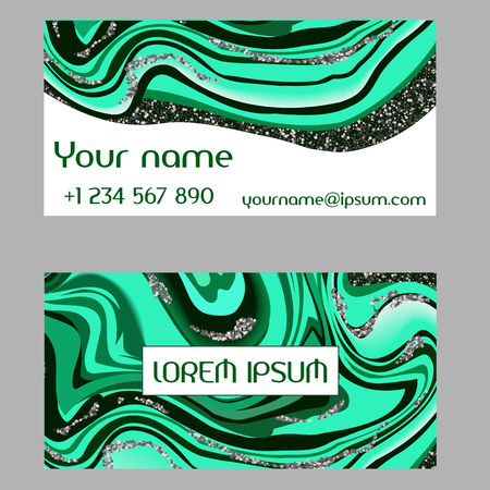 Business card. Malachite texture. Green Stone. Cross section of malachite with silver glitter Vector illustration.のイラスト素材