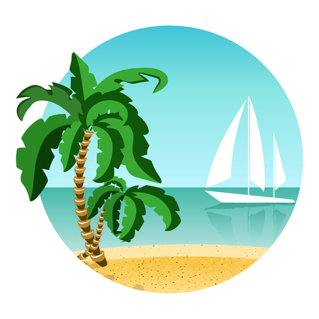 Round picture of summer vacation on island with yacht. Travel summer time.のイラスト素材