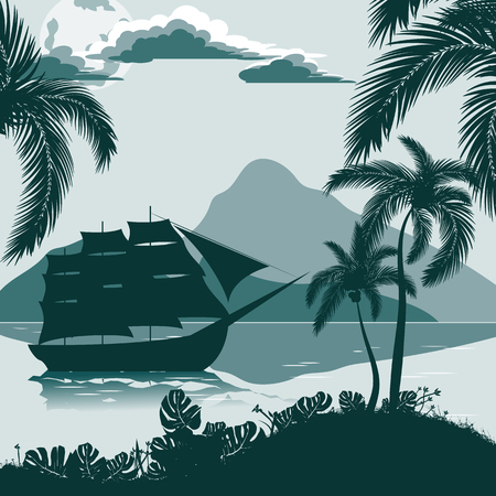 Tropical landscape, view from the shore with palm trees and plants, sailing ship, mountains in the distance.のイラスト素材