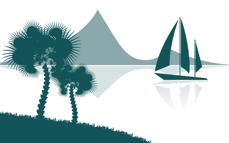 Tropical landscape, view from the shore with palm trees and plants, sailing ship, mountains in the distance. Vector illustration.のイラスト素材