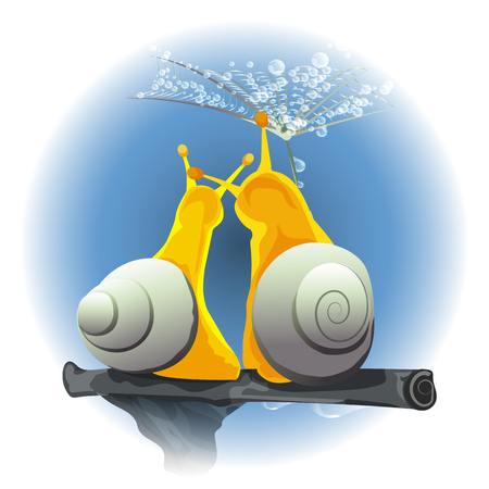 Two snails in love sitting on the beam under umbrella. Vector illustration. Eps 10の写真素材
