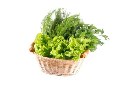 Parsley, dill and lettuce in basket on white backgroundの写真素材
