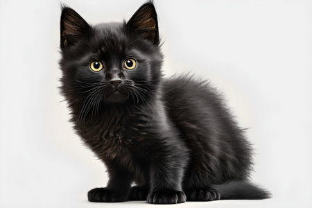 Black cat with yellow eyes sitting on white background, front view. Generative AIの素材