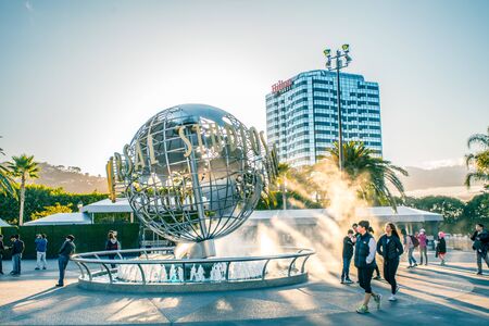LOS ANGELES, USA - March, 2018: Universal Studios globe at the Entrance into the Universal Studios Hollywood Park, the first film studio park of Universal Studios Theme Parks across the world.のeditorial素材