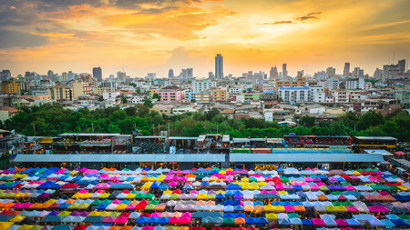 Market that sold secondhand things. They used vary tent color.の写真素材