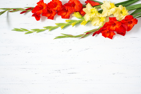 Bouquet of fresh yellow and orange gladiolus flower close-up on white wooden background with copy spaceの写真素材