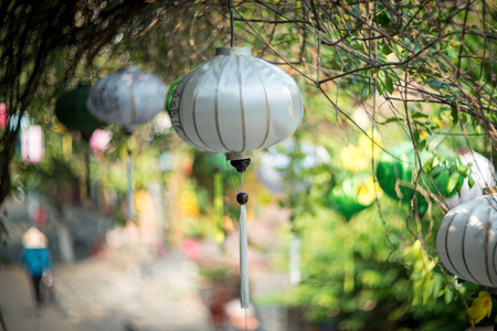 Beautiful white and green lanterns in soft and blur style in Hoi An, Vietnam.の写真素材