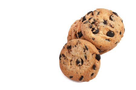 delicious cookies with chocolate stacked in a pile and photographed from above on a white backgroundの写真素材