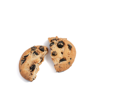 delicious cookies with chocolate broken on a white backgroundの写真素材