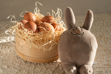 Easter rabbit inside a sieve full of easter eggs on rustic woodenの写真素材