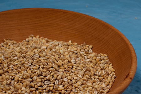 Wooden bowl with pearl barley isolated on blue background. Close-upの写真素材