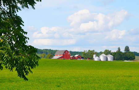 Red barn and white silo in a green field against a white sky
