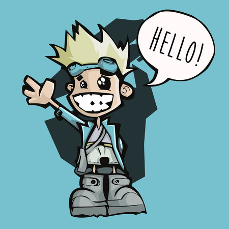 Vector Illustration of a happy little man waving at camera saying Hello! With Blonde hair, big smile and light blue coatのイラスト素材