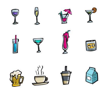 Colorful hand drawn cartoon style alcohol drinks and cocktails icon setのイラスト素材