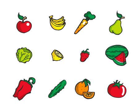 Set of colorful hand drawn cartoon style fruits and vegetables iconのイラスト素材
