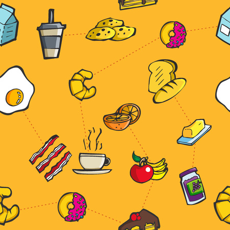 Decorative colorful breakfast and meal seamless background vector patternのイラスト素材