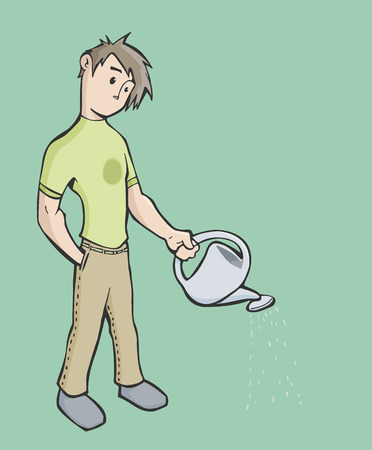 Vector illustration of a man using a watering can, pouring water with a green shirt and brown pantsのイラスト素材