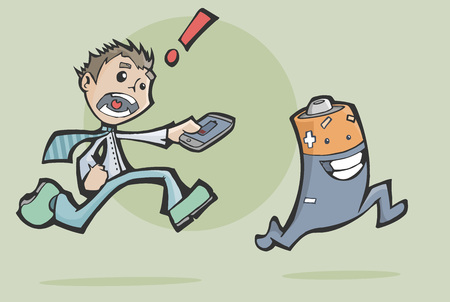 Vector illustration of a worried man chasing a happy battery to charge his mobile phoneのイラスト素材